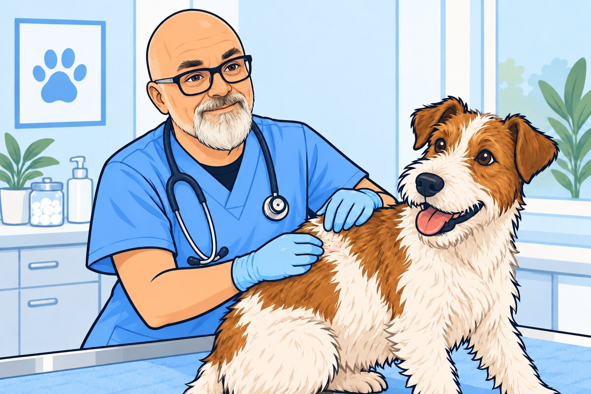Comicillustration einer Hautuntersuchung bei einem Hund