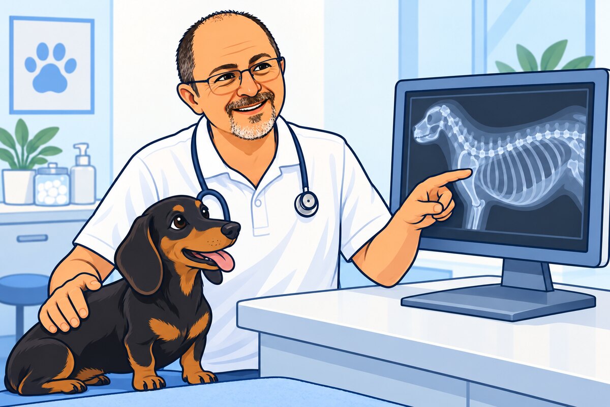 Comicillustration einer Besprechung von Röntgenaufnahmen mit einem Hund