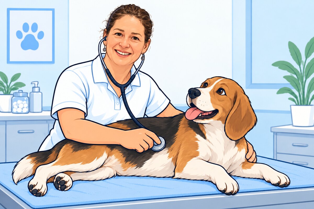 Comicillustration einer Herzuntersuchung bei einem Hund