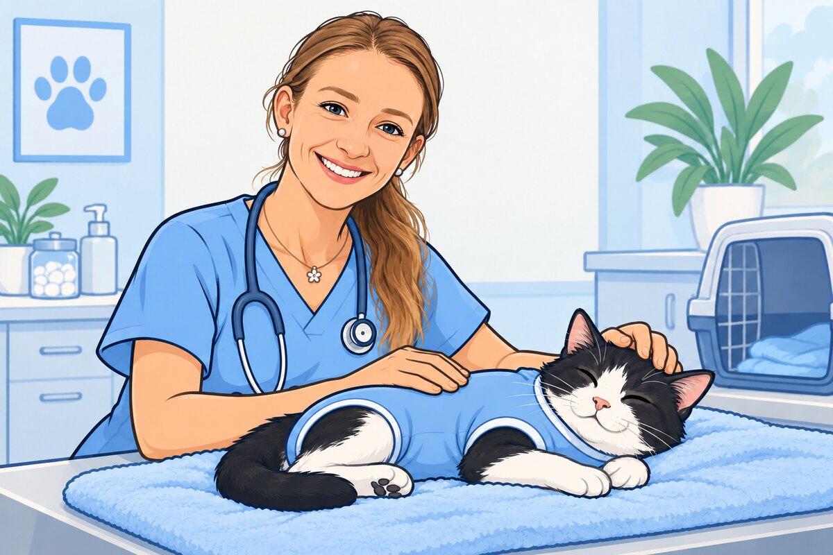 Comicillustration einer Katze während der Nachbetreuung