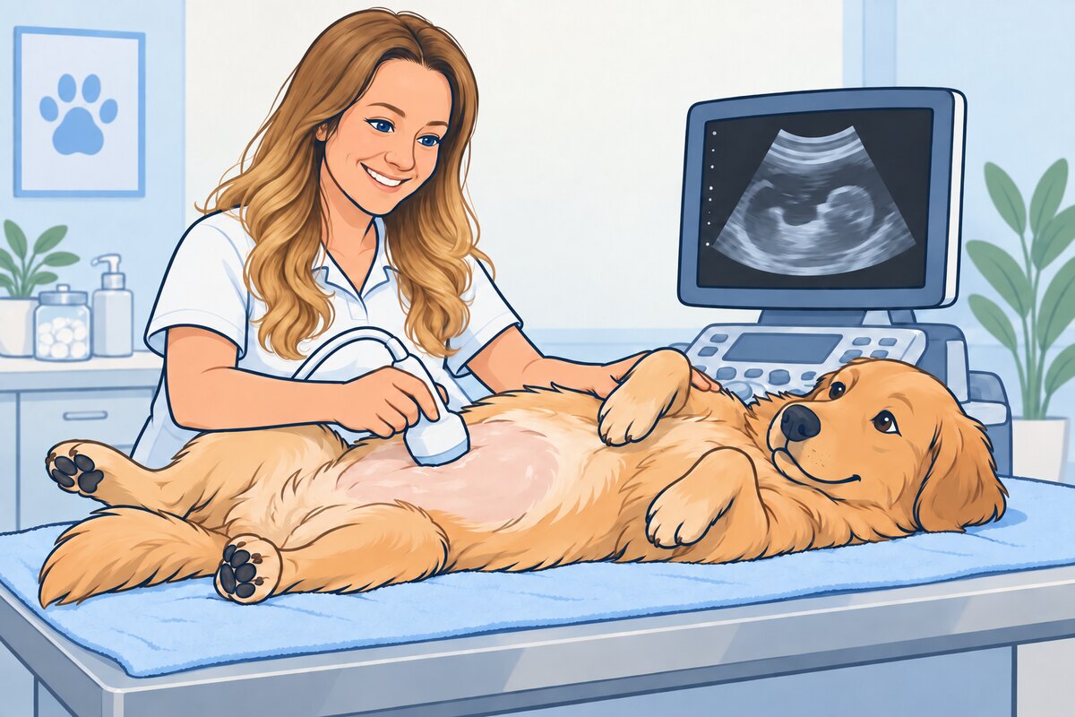Comicillustration einer Ultraschalluntersuchung bei einem Hund