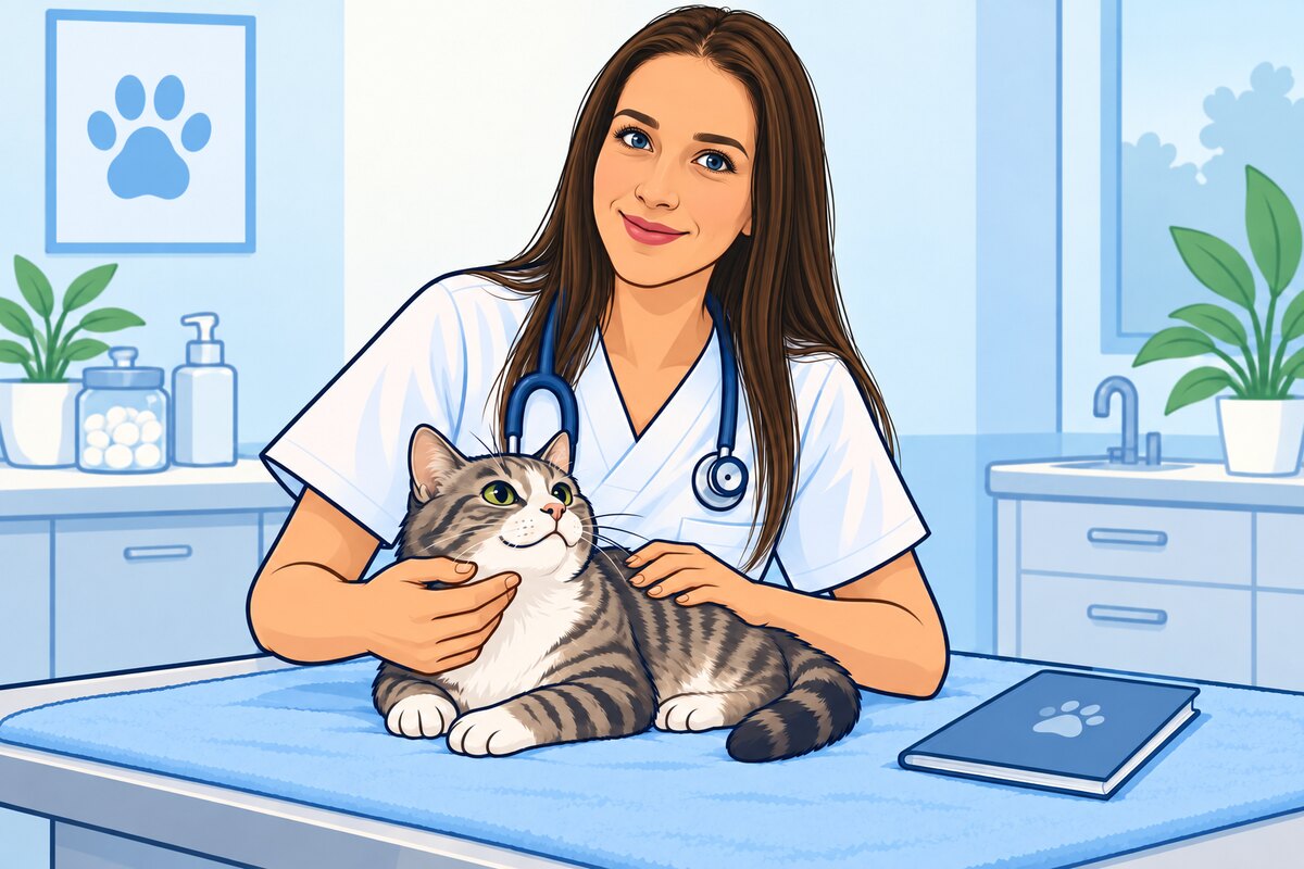 Comicillustration einer Vorsorgeuntersuchung bei einer Katze