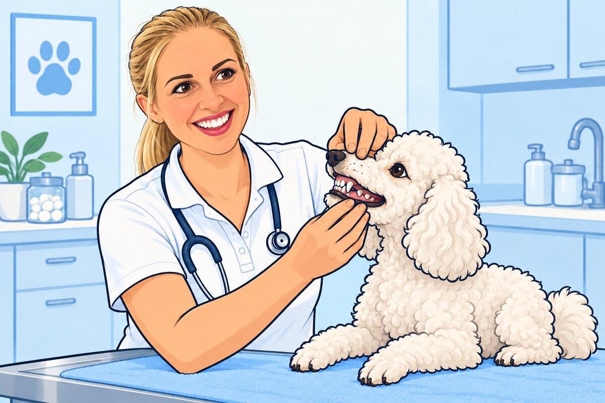 Comicillustration einer Zahnkontrolle bei einem Hund