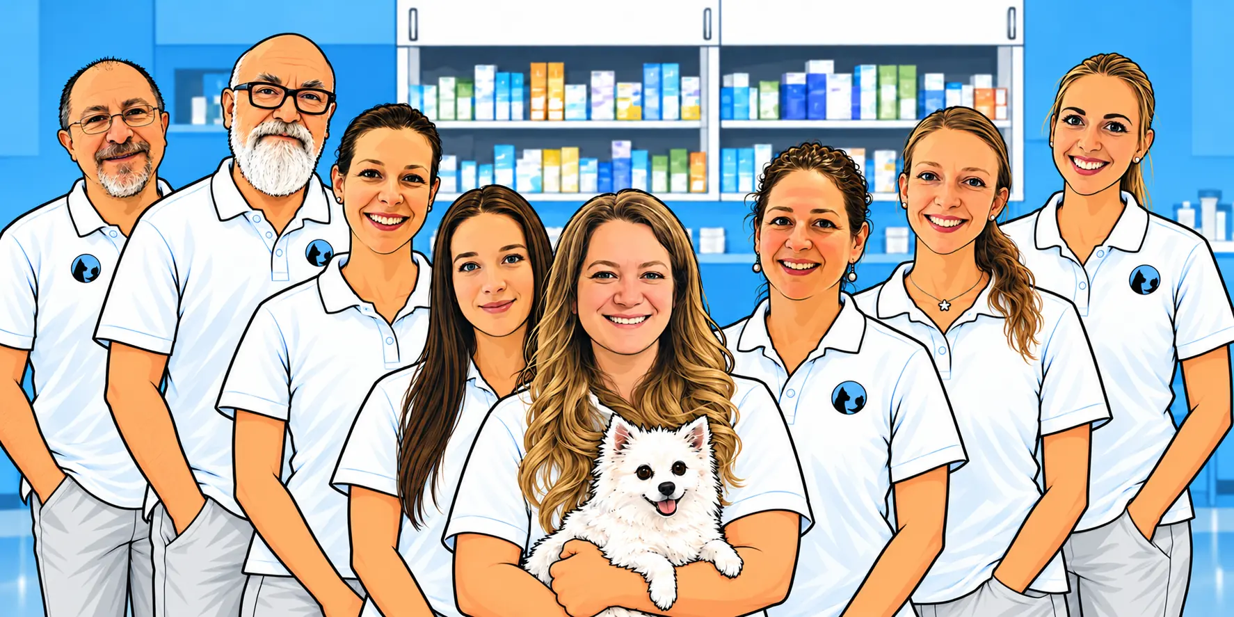 Gezeichnetes Team der Tierarztpraxis am Bacherplatz in V-Formation mit weißem Hund